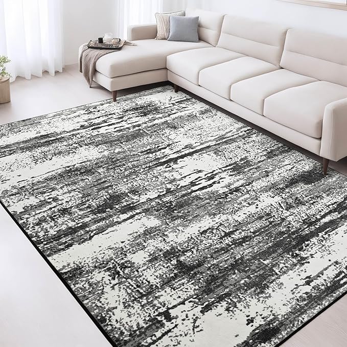 Area Rug 6x9 Washable Living Room Rug Abstract Print Non-Slip Low Pile Soft Faux Wool Carpet Rugs for Bedroom Dining Room Playroom Kids Room Dorm Office Farmhouse Home Decor (Black and Grey)