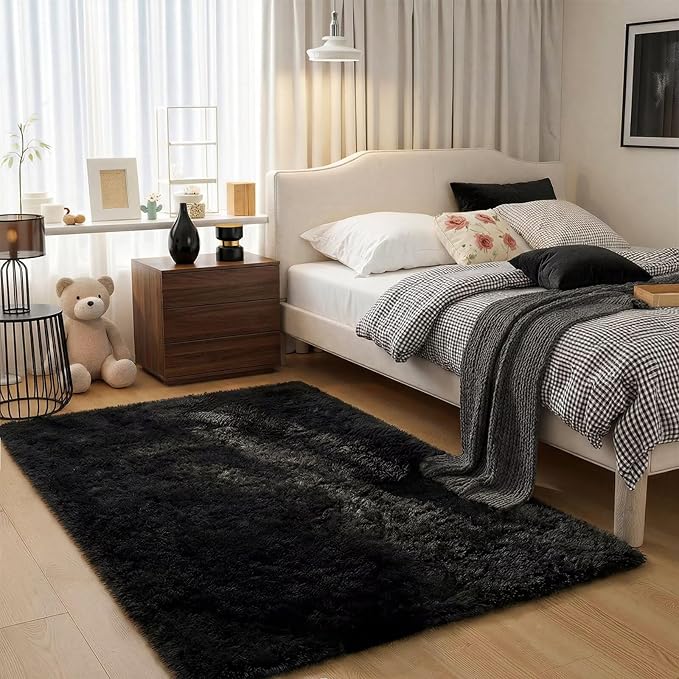 junovo 3x5 Black Washable Area Rug for Boys Bedroom, Soft Non-Slip Fluffy Bedside Rugs, Shag Plush Memory Foam Carpet for Kids Room Baby Nursery Home Decor Aesthetic