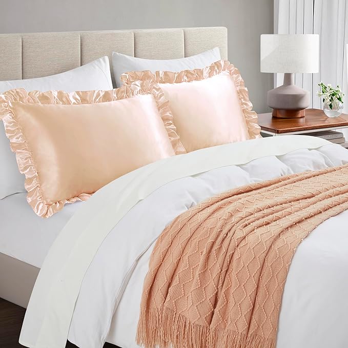Silky Satin Ruffled Pillow Cases for Hair and Skin,Champagne Silk Pillowcases Queen Set of 2 with Envelope Closure Princess Room Decoration