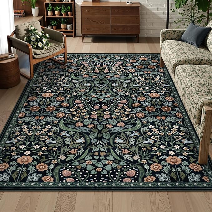 Lahome Claude Floral Bedroom Rugs, 6x9 Black Area Rugs for Living Room, Boho Thin Stain Resistant Carpet for Dining Room, Washable Area Rug Non Slip for Guestroom