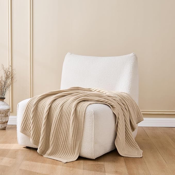 Beige Throw Blanket for Couch Chunky Knit Soft Cozy Thick Cable Knitted Throw for Sofa Bed Cute Decorative Blanket for Living Room,50"x 60",Ginger Beige