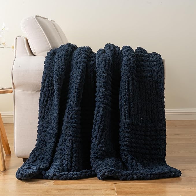 Bunnikins & Clover Navy Blue Throw Blanket for Couch, Chunky Knit Navy Throw Blanket for Home Decor, Handmade Chenille Cable Knit Throw, 50"x60"
