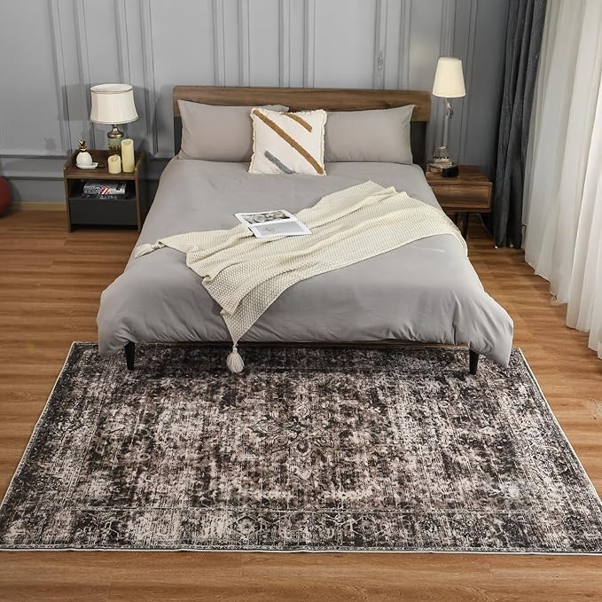 CRYPTOLITE Rugs for Living Room, 6x9 Large Area Rugs Ultra Soft Washable, Vintage Boho Faux Wool Carpet for Dining Room, Bedroom, Office, Home Decor (Brown)