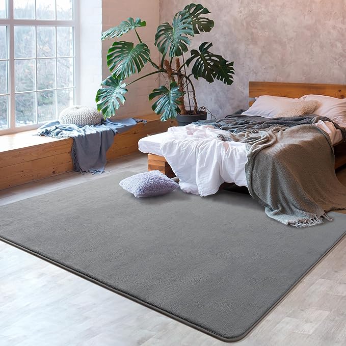 Softlife Area Rug for Bedroom Living Room, Solid Grey Non-Slip 6x9 Fluffy Carpet with Soft Low Pile for Kids Boys Girls, Machine Washable Fuzzy Aethetic Rugs Home Dorm Decor