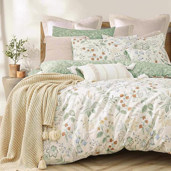ALEISSEL Natural Cotton 3pcs Botanical Comforter Sets King Size-Green Comforter with Red & Blue Flowers,Gray Leaves on Off-White, Reversible Lightweight Bedding Sets(King 104"×90")