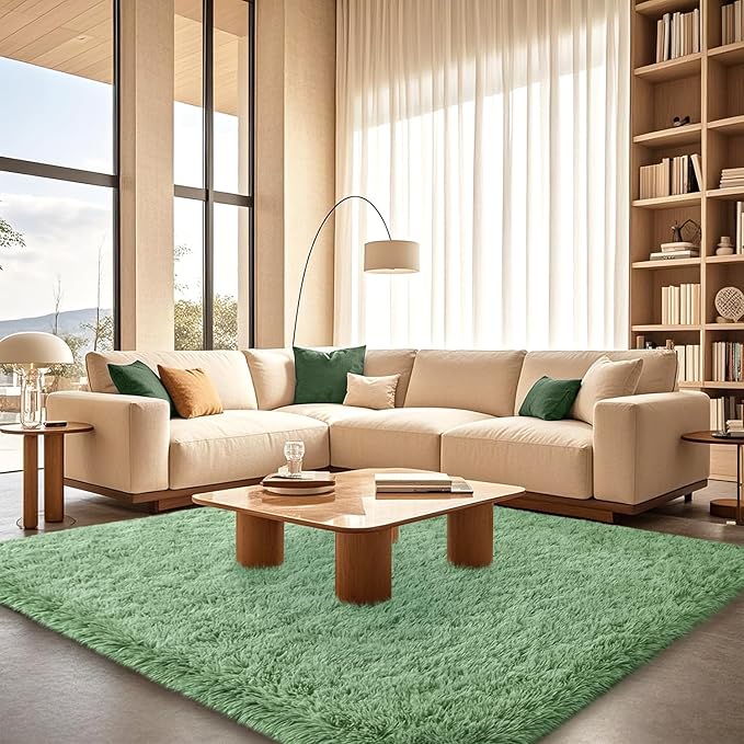 Green Fluffy Rugs for Living Room 5x7 ft - Ultra Soft Faux Fur Area Rug - Plush Non-Slip Shaggy Carpet for Bedroom, Kids Boys Girls Dorm Nursery Room