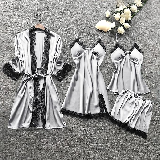 Women's 4pcs Silk Satin Pajamas Set Floral Lace Trim Dress with Robe Lounge Sleepwear Nightdress Novelty Loungewear