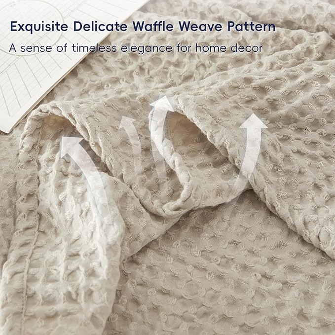 PHF Ultra Soft Waffle Weave Blanket Queen Size 90"x 90"- Washed Lightweight Breathable Cozy Woven Blanket for Bed - Aesthetic Decor for Couch Bedding Sofa Home Car - Light Khaki/Linen