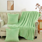 Striped Throw Blanket and Pillow Covers Set (No Inserts) for Couch and Bed, Plush Warm Lightweight Fuzzy Faux Fur Blanket for All Seasons (60" x 80", Light Green)