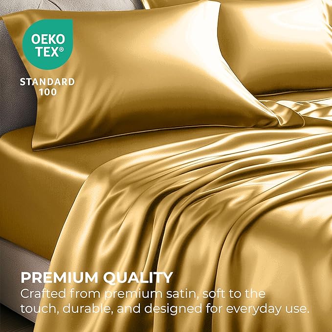 Satin Sheets Twin [3-Piece, Gold] Hotel Luxury Silky Bed Sheets - Extra Soft 1800 Microfiber Sheet Set, Wrinkle, Fade, Stain Resistant - Deep Pocket Fitted Sheet, Flat Sheet, Pillow Cases
