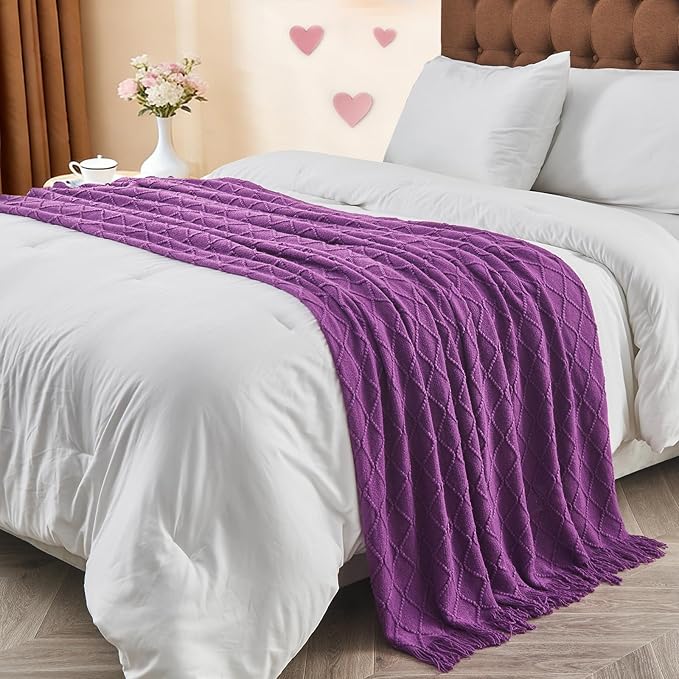 inhand Purple Knitted Throw Blanket for Couch Bed, Mothers Day/Mom Birthday Gifts for Mom from Daughter Son, Soft Lightweight with Tassels, Farmhouse Warm Decorative Blanket for Women, 60"x80"