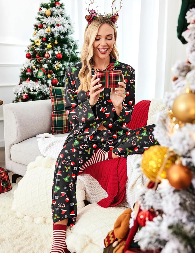 Ekouaer Women Satin Silk Pajamas Classic Long Sleeve Button Down Pjs Set Soft Loungewear