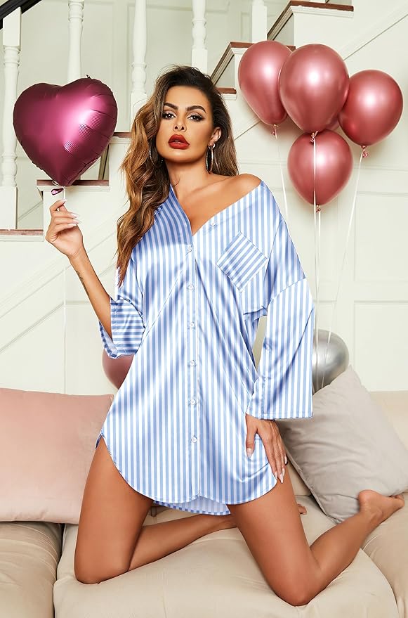 Ekouaer Satin Nightgowns for Women Silk Sleepwear Button Down Sleepshirt 3/4 Sleeve V-Neck Nightshirts with Pockets