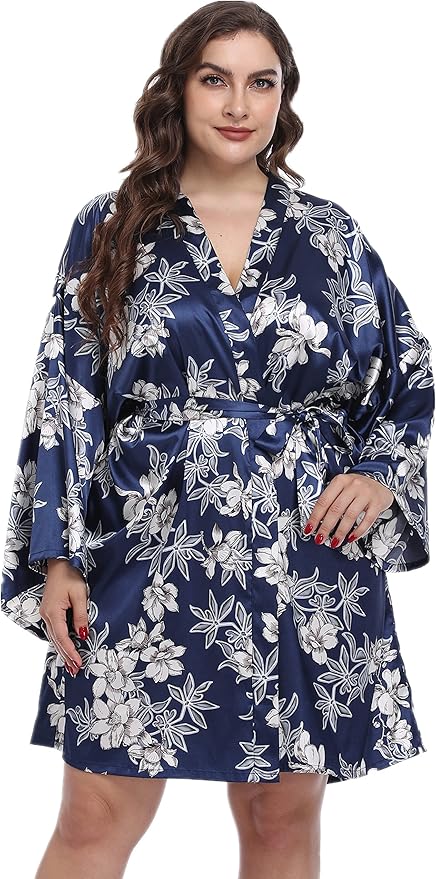 Women's Plus Size Satin Kimono Robes Short Silk Bathrobe Bridesmaid Wedding Party Nightgown Sleepwear