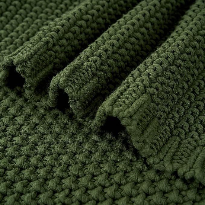Chunky Cable Knit Throw Blanket Lightweight Olive Green 100% Organic Cotton Blanket for Sofa Couch Bed Baby Nursery, Rustic Shabby Chic Modern Farmhouse, 60” x 80” Give Laundering Bag