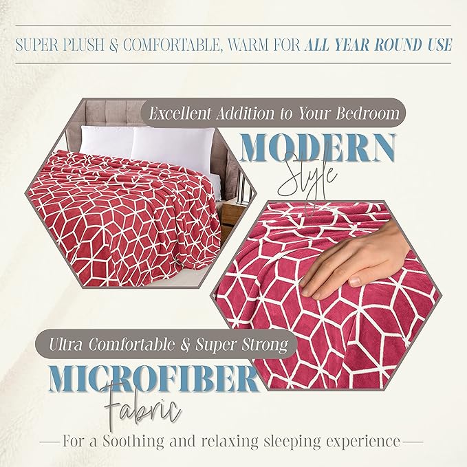 Elegant Comfort Luxury Velvety Feel Blanket, All-Season Lightweight Blanket, Ultra Plush, Soft, Cozy-Fuzzy Flannel Fleece for Couch, Sofa, Bed, Travel, Cube Design, Full/Queen, Burgundy