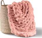 Adyrescia Chunky Knit Blanket Throw | 100% Hand Knit with Jumbo Chenille Yarn (50"x60", Seashell Pink)