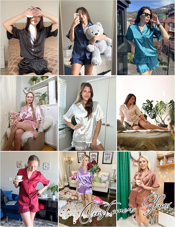 Ekouaer Satin Pajama Set for Women Button Down Silk 2 Piece Pj Sets Ruffle Short Sleeve Sleepwear