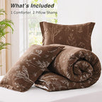 Love's cabin Chocolate Full Comforter Set - Full Size Comforter Set, 3 Pieces Cute Floral Bedding Sets for All Seasons,1 Soft Reversible Botanical Flowers Comforter and 2 Pillow Shams
