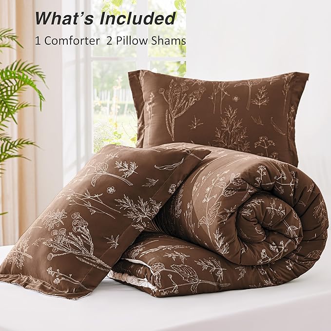 Love's cabin Chocolate Comforter Set Queen - Queen Size Comforter Set, 3 Pieces Cute Floral Bedding Sets for All Seasons,1 Soft Reversible Botanical Flowers Comforter and 2 Pillow Shams