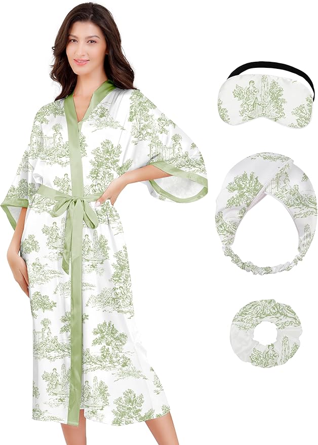 EPLAZA Silk Robes for Women Satin Robe Long Sexy Print Flower Kimono Loungewear Wedding Bridal Party