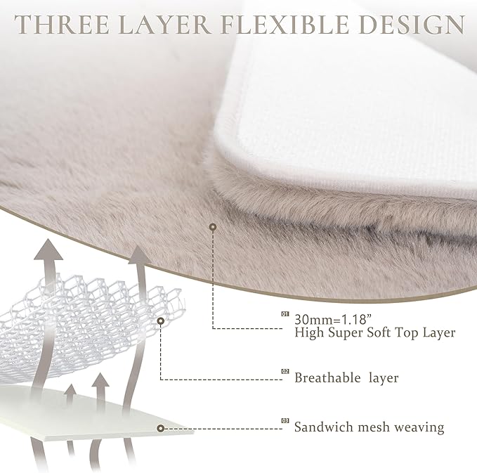 Tititex Luxury Collection Area Rug 2'x3' Soft Fur Fluffy Bedside Rug, Furry Shag Shaggy Non Slip Floor Rugs Washable 1.18' High-Pile Plush Carpet for Nursery Bedroom Living Room Decor, Brown Grey