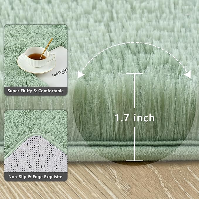 Sage Green Area Rugs Fluffy Rug for Bedroom Living Room, 4x6 Feet Indoor Shaggy Carpets, Plush Soft Rug for Kids Room, Furry Rugs for Girls Boys Playroom Nursery Room Home Decor
