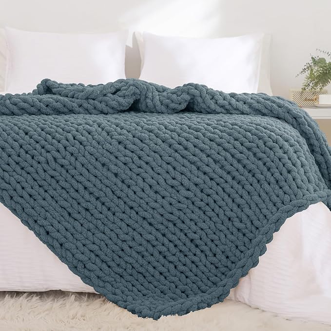 YAAPSU Chunky Knit Throw Blanket for Couch, 51"x63", 100% Hand Knitted Thick Cable Knit with Cozy Jumbo Chenille Yarn, Soft Large Rope Knot Crochet Blankets for Sofa Bed Living Room Décor, BlueSpruce