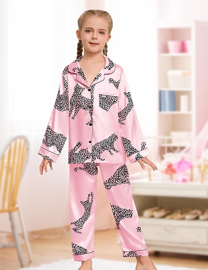 EPLAZA Kids Satin Pajamas Sets Girls Boys Button-Down Silky Pajamas Sleepwear with Hairband Eye Mask Hair Tie