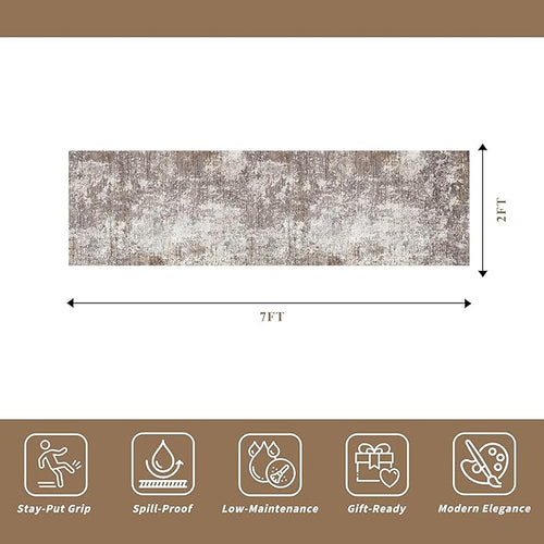 2x7 Washable Kitchen Runner Rug – Non-Slip Soft Carpet for Bathroom Hallway Hall Bedroom – Modern Abstract Neutral Low-Pile Thin Indoor Area Rug with Rubber Backing (Brown Beige,2x7)