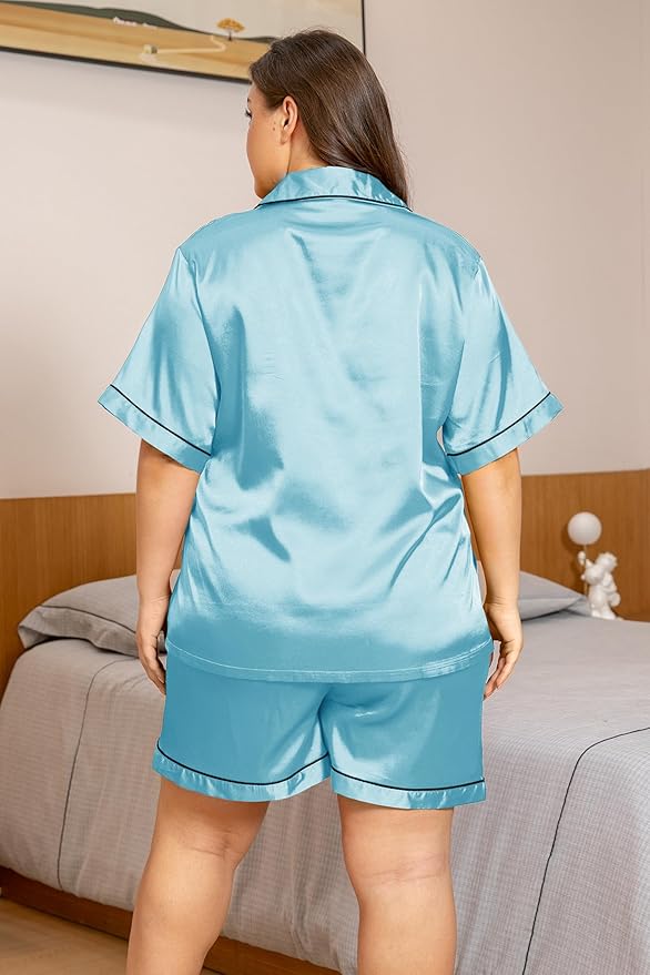 Vozanet Women's Short Sleeve Satin Pajama Sets Silky Ladies Button Down Loungewear Plus Size Nighty Shorts Sets XL to 5XL