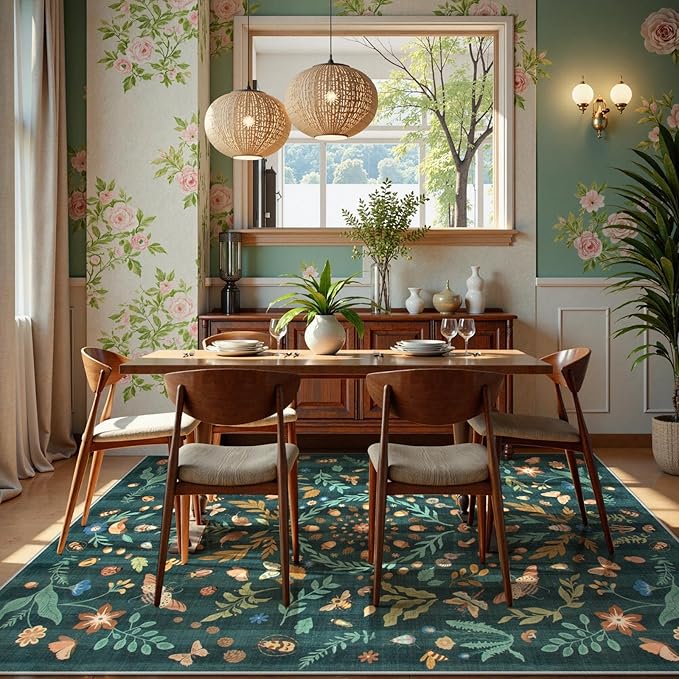 Lahome Chloe Insect Botanical Washable 5x7 Area Rugs for Living Room, Non Slip Green Rug for Bedroom, Boho Indoor Throw Dining Room Carpet for Under Table Entryway Kitchen Office(Dark Green,5x7)