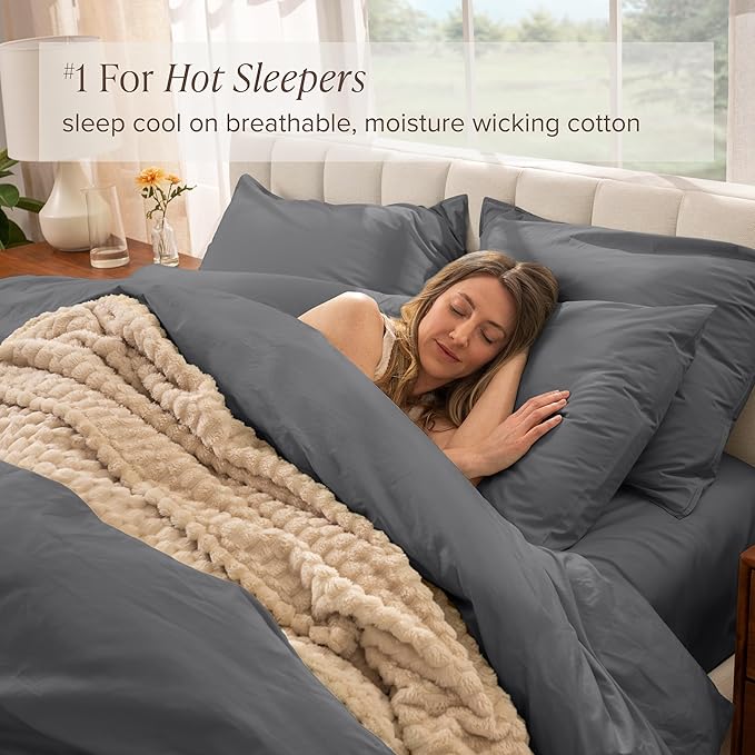Bare Home 100% Organic Cotton Full Duvet Cover Set - Crisp Percale Weave - Lightweight & Breathable - Cooling Duvet Cover Set (Full, Grey)
