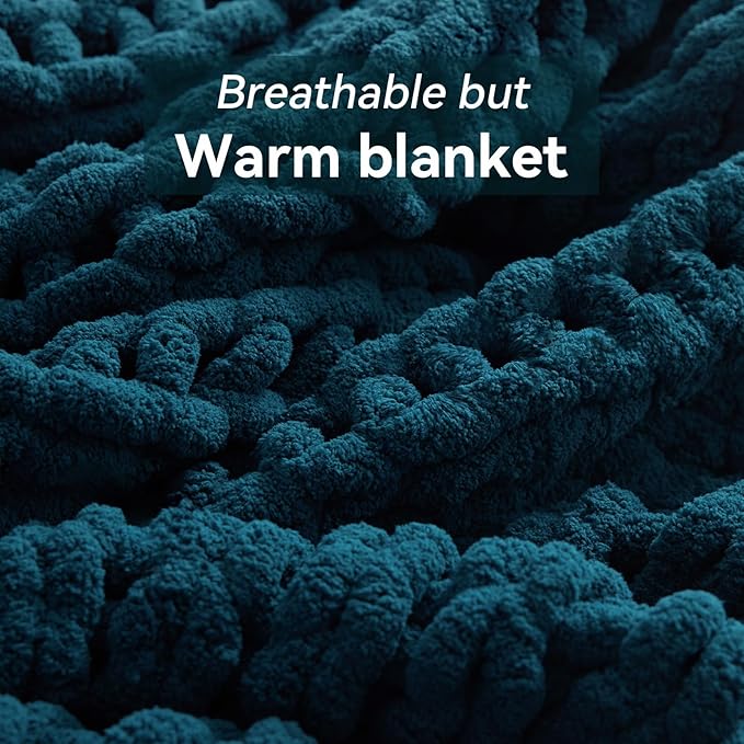 Negwoo Chunky Knit Throw Blanket, 40''*50'' Knitted Throw Chenille Yarn for Bed Couch, Handmade Peacock Blue Crochet Big Thick Blanket, Machine Washable Cute Comfy Blanket for Home Decor