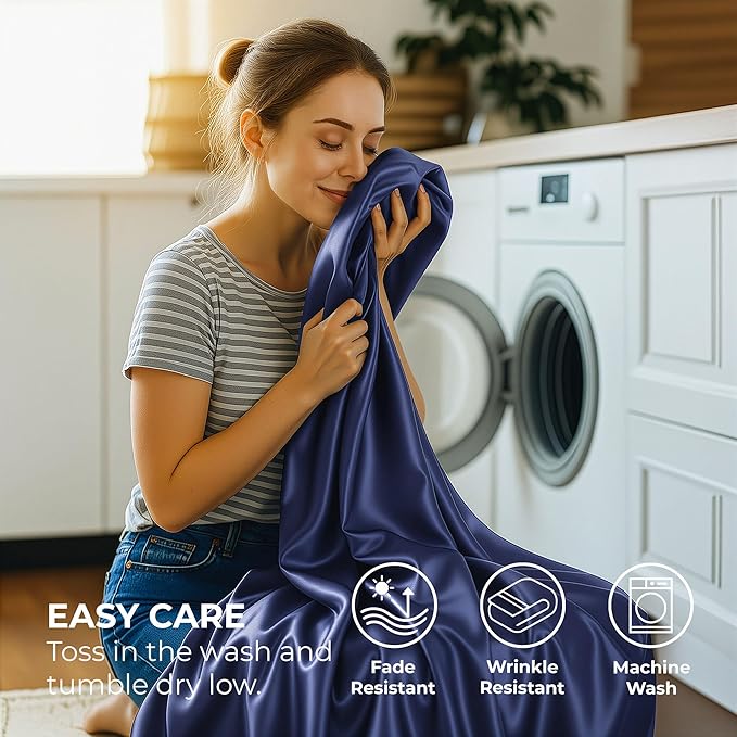 Pure Bedding Satin Sheets Full Hotel Luxury Silky Bed Sheets - Extra Soft 1800 Microfiber Sheet Set, Wrinkle, Stain Resistant - Deep Pocket Fitted Flat Sheet, Pillow Cases (4-Piece, Midnight Blue)