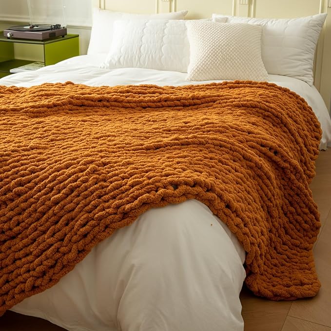 WESHIONGOO Chunky Knit Blanket Throw 51"×63" Knitted Throw Blankets for Couch Bed Fall Throw Blanket Fluffy Soft Blanket with Jumbo Chenille Yarn Thick 100% Handmade (Burnt Orange)