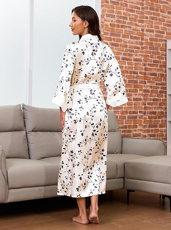 Hellomamma Womens Satin Silk Robe: Lightweight 3/4 Sleeve Comfy Floral Print Kimono Sleepwear for Bride Wedding Party Gift