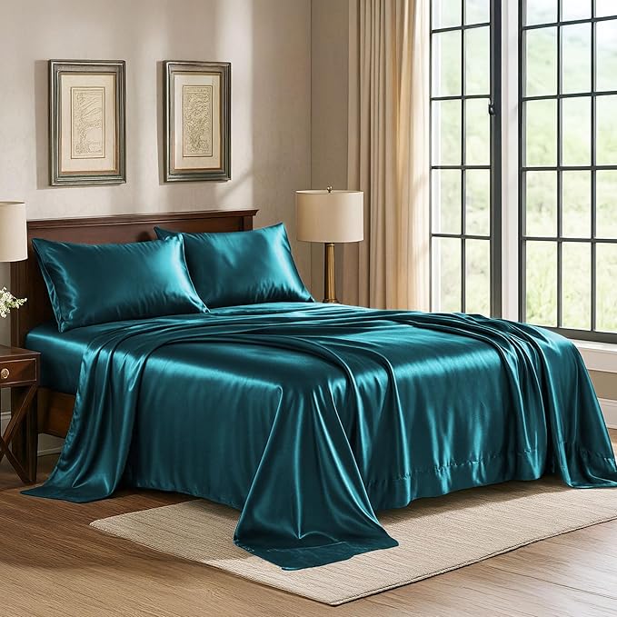 Satin Sheets California King [4-Piece, Teal] Luxury Silky Bed Sheets - Extra Soft 1800 Microfiber Sheet Set, Wrinkle, Fade, Stain Resistant - Deep Pocket Fitted Sheet, Flat Sheet, Pillow Cases