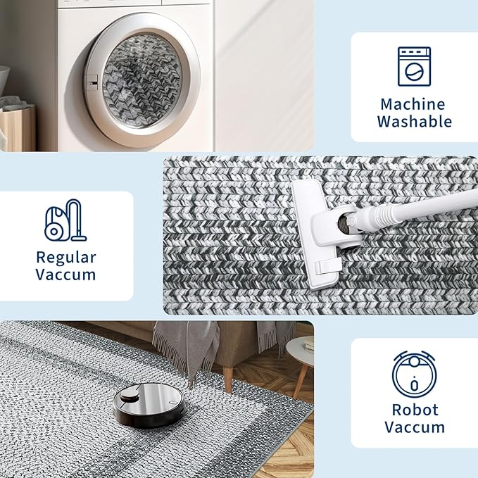 RUGSREAL 3x5 Area Rug, Washable Rug for Bedroom Braided Printed Throw Mat, Living Room Area Rug Non Slip Stain Resistant Small Dining Room Rug, Rustic Accent Small Carpet for Entryway Home Decor, Grey