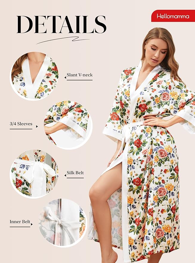Hellomamma Womens Satin Silk Robe: Lightweight 3/4 Sleeve Comfy Floral Print Kimono Sleepwear for Bride Wedding Party Gift