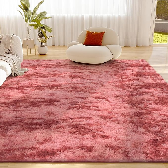 Litanika 6x9 Fluffy Shag Faux Fur Area Rug for Living Room Bedroom, Tie-Dyed Dark Red High Pile Soft Plush Shaggy Furry Bedside Playroom Dorm Carpet, Non-Slip, Non-Shedding Modern Indoor Floor Rug