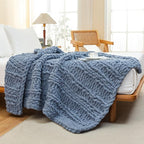 WESHIONGOO Chunky Knit Blanket Throw 40"×60" Knitted Throw Blankets for Couch Bed Fluffy Soft Blanket with Jumbo Chenille Yarn Thick 100% Handmade(Dusty Blue,Medium Size Throw)