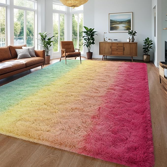 Pink-Cyan Area Rug 6x9 Large Rugs for Living Room Bedroom, Fluffy Cute Rug Modern Carpets for Kids Room, Non-Skid Rectangular Indoor Gradient Rug for Girls Boys Nursery Room Home Decor