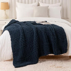 Bunnikins & Clover Navy Blue Throw Blanket for Couch, Chunky Knit Navy Throw Blanket for Home Decor, Handmade Chenille Cable Knit Throw, 50"x60"