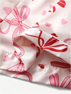 WDIRARA Women's Satin Silk Shorts Pajama Set Bow Print Button Down Short Sleeve 2 Piece Sleepwear