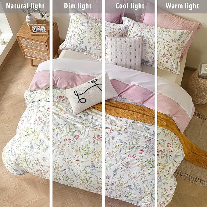 ALEISSEL White Floral Cotton Comforter King Size - 3PC Lightweight Bedding Sets with Soft Fill, Vibrant Garden Botanical Patterns, Petal Pink Reversible Design with Feminine Elegance