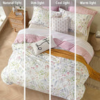 ALEISSEL White Floral Cotton Comforter Queen Size - 3PC Lightweight Bedding Sets with Soft Fill, Vibrant Garden Botanical Patterns, Petal Pink Reversible Design with Feminine Elegance