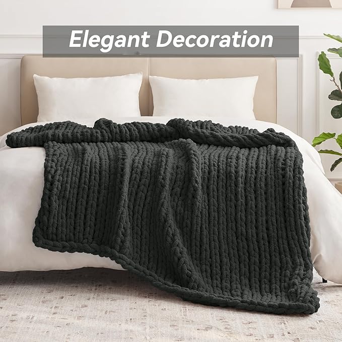 Negwoo Chunky Knit Throw Blanket, 30''*40'' Knitted Throw Chenille Yarn for Bed Couch, Handmade Dark Grey Crochet Big Thick Blanket, Machine Washable Cute Comfy Blanket for Home Decor