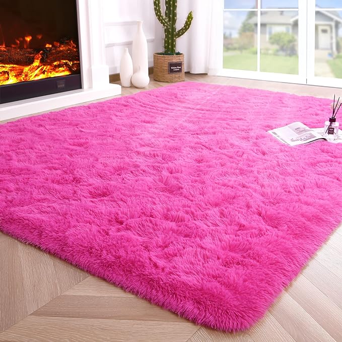 Noahas Fluffy 9x12 Area Rugs for Living Room,Shaggy Hot Pink Rugs for Bedroom Girls,Thick Shag Throw Carpet,Soft Non-Slip Dorm Nursery Kids Rug Home Decor Aesthetic
