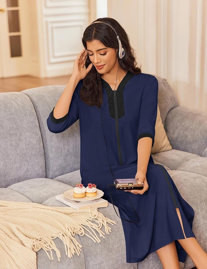 Ekouaer Women's Zipper Robe 3/4 Sleeves Housecoat Full Length Nightgown Soft Loungewear Robe with Pockets S-3XL